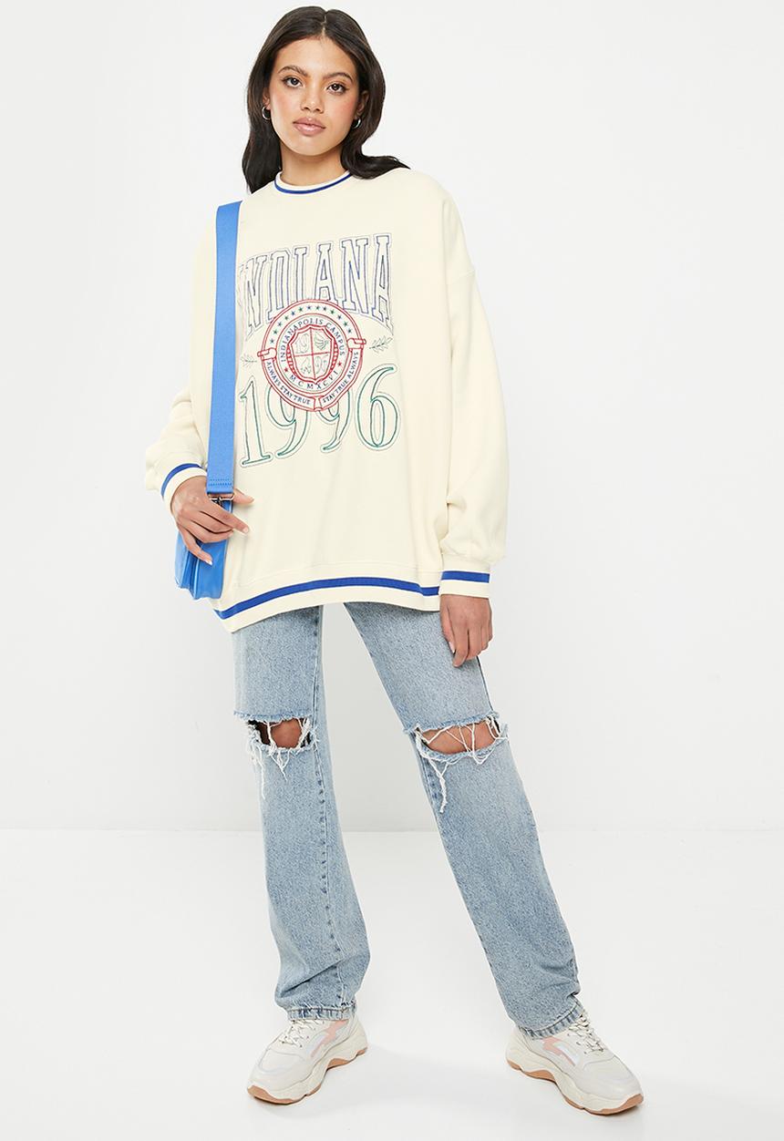 Factorie - Slouchy premium graphic crew - crisp stone/indiana 1996