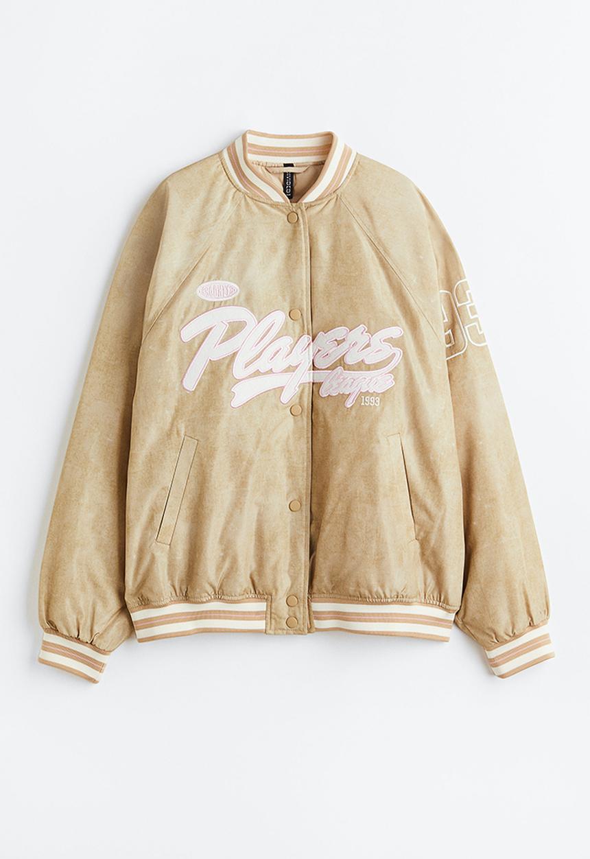 H&M - Embroidered baseball jacket - light beige/players 