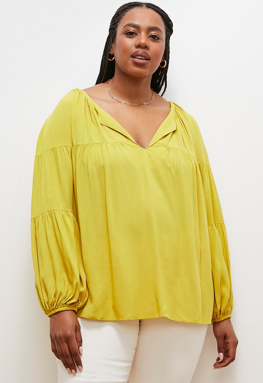 edit - Gathered balloon sleeve blouse - golden lime