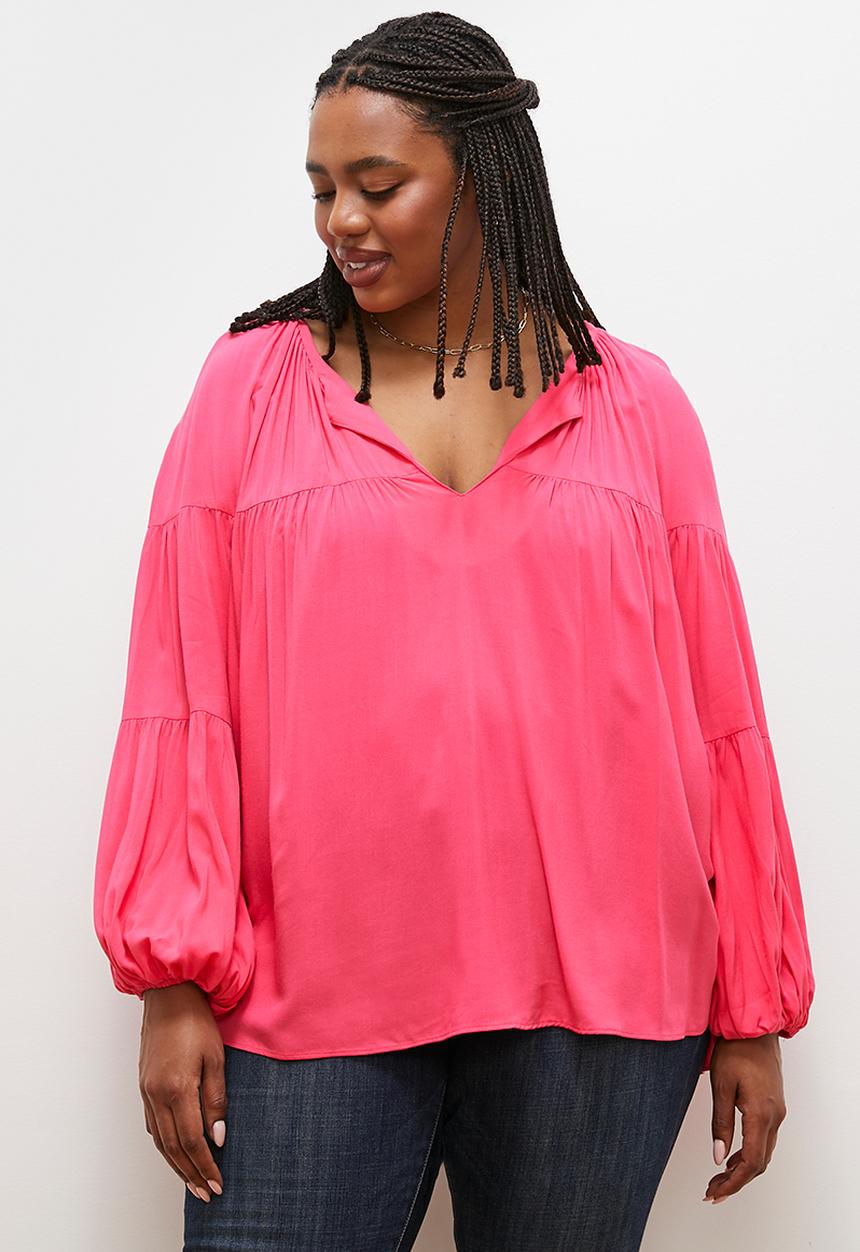 edit - Gathered balloon sleeve blouse - pink