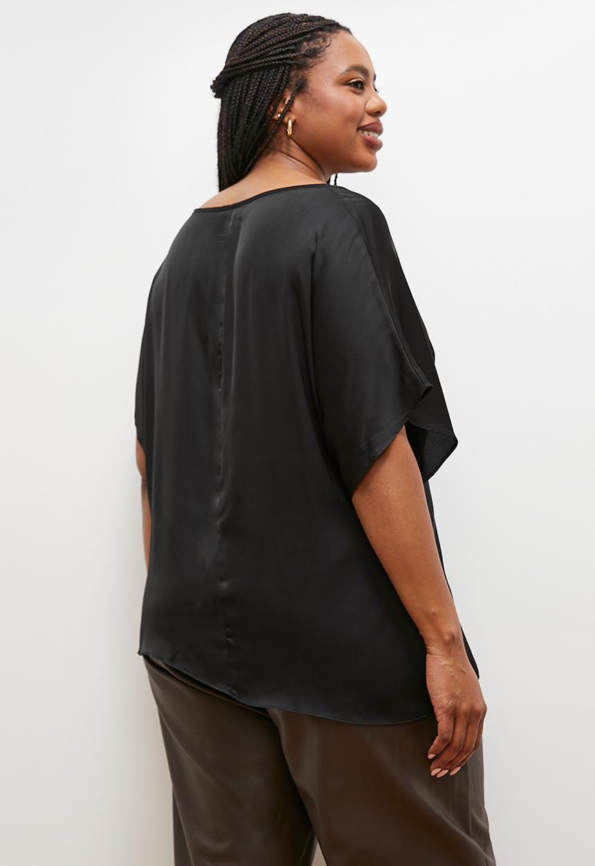 edit - Asymmetric draped satin tee - black