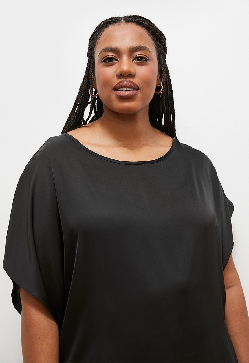 edit - Asymmetric draped satin tee - black