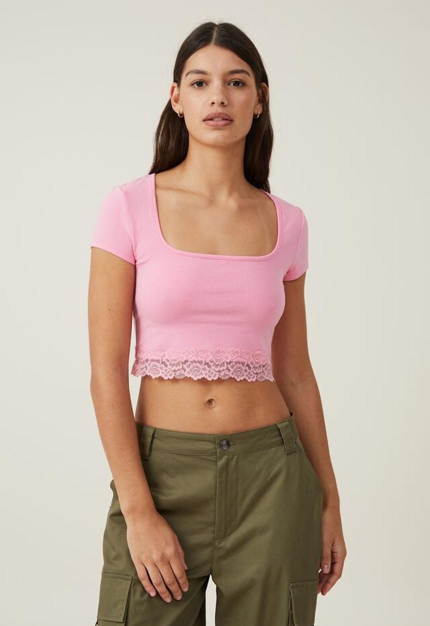 Cotton On - Katie lace hem short sleeve top - sunset pink