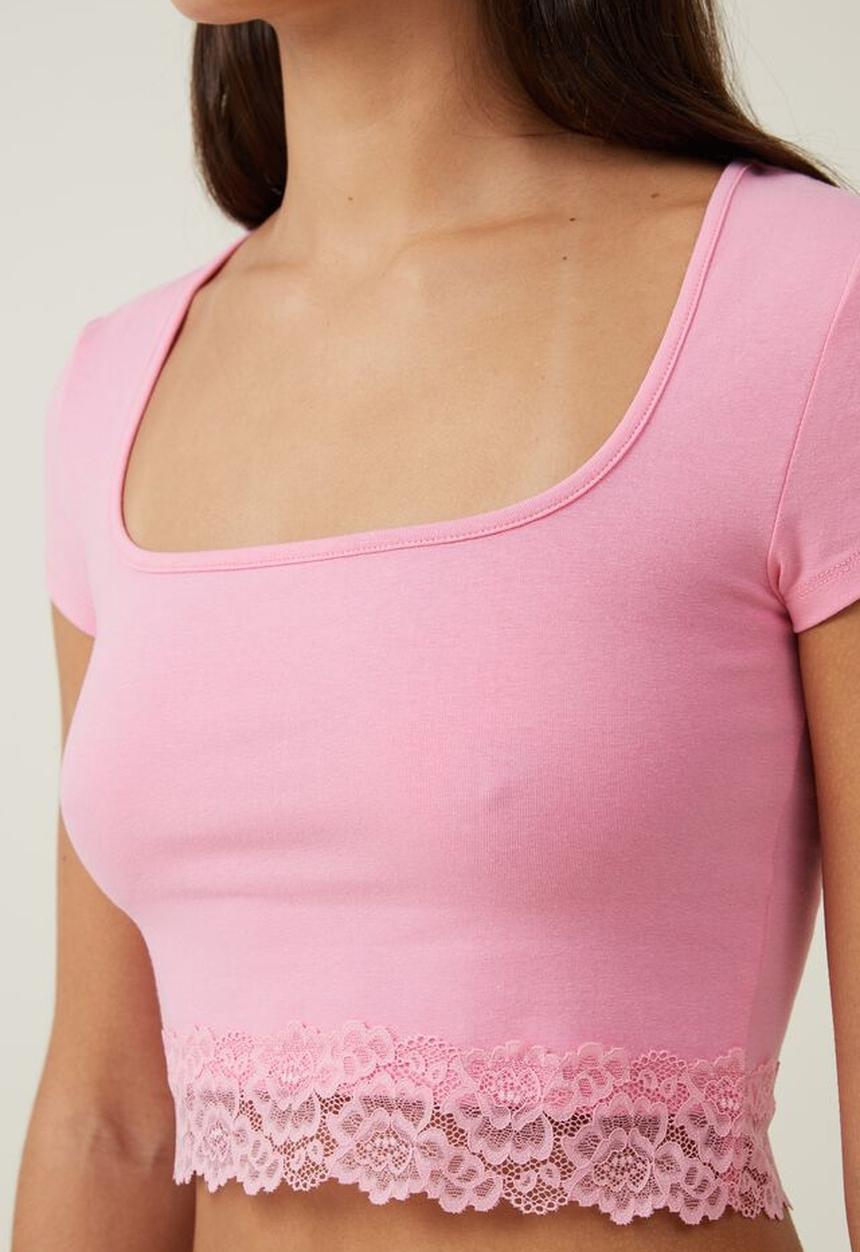 Cotton On - Katie lace hem short sleeve top - sunset pink