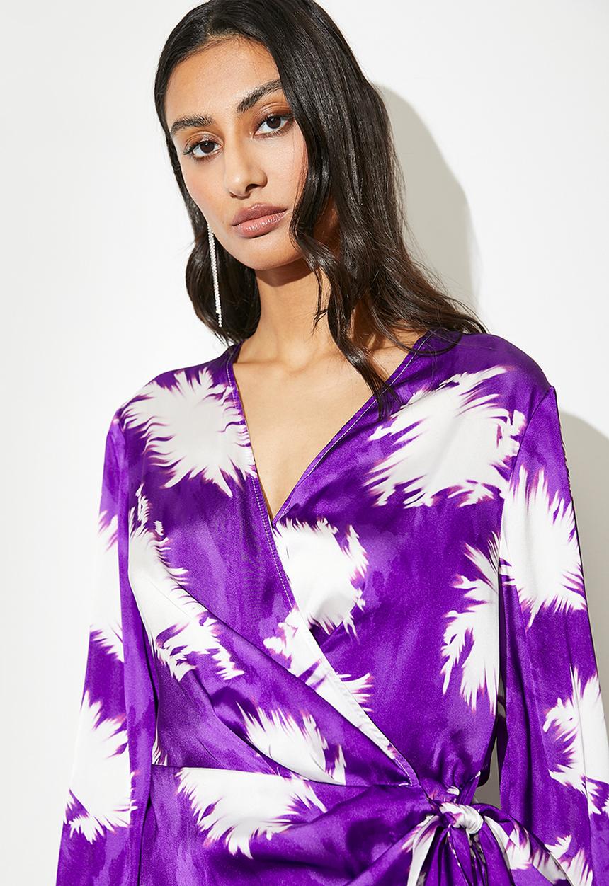 VELVET - Satin wrap midi dress - purple tie dye