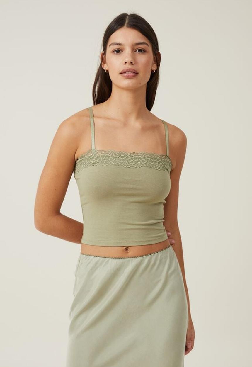 Cotton On - Katie straight neck lace cami - cool khaki