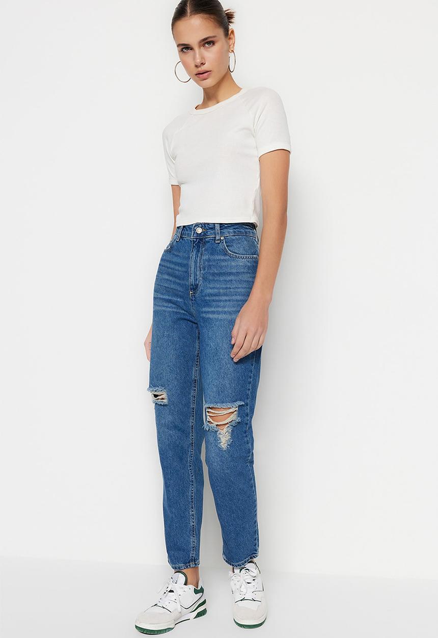Trendyol - Ripped mom skinny jeans - blue
