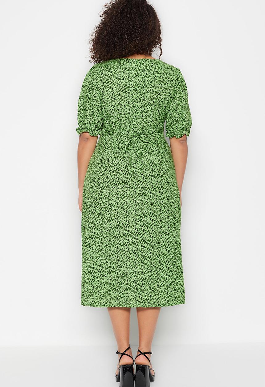 Trendyol - Plus v-neck button down dress - green