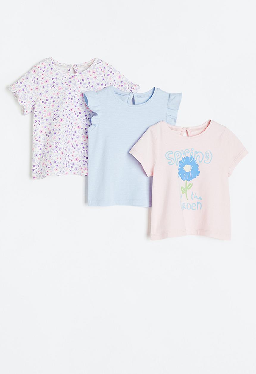 H&M - 3-pack cotton tops - light pink/flower