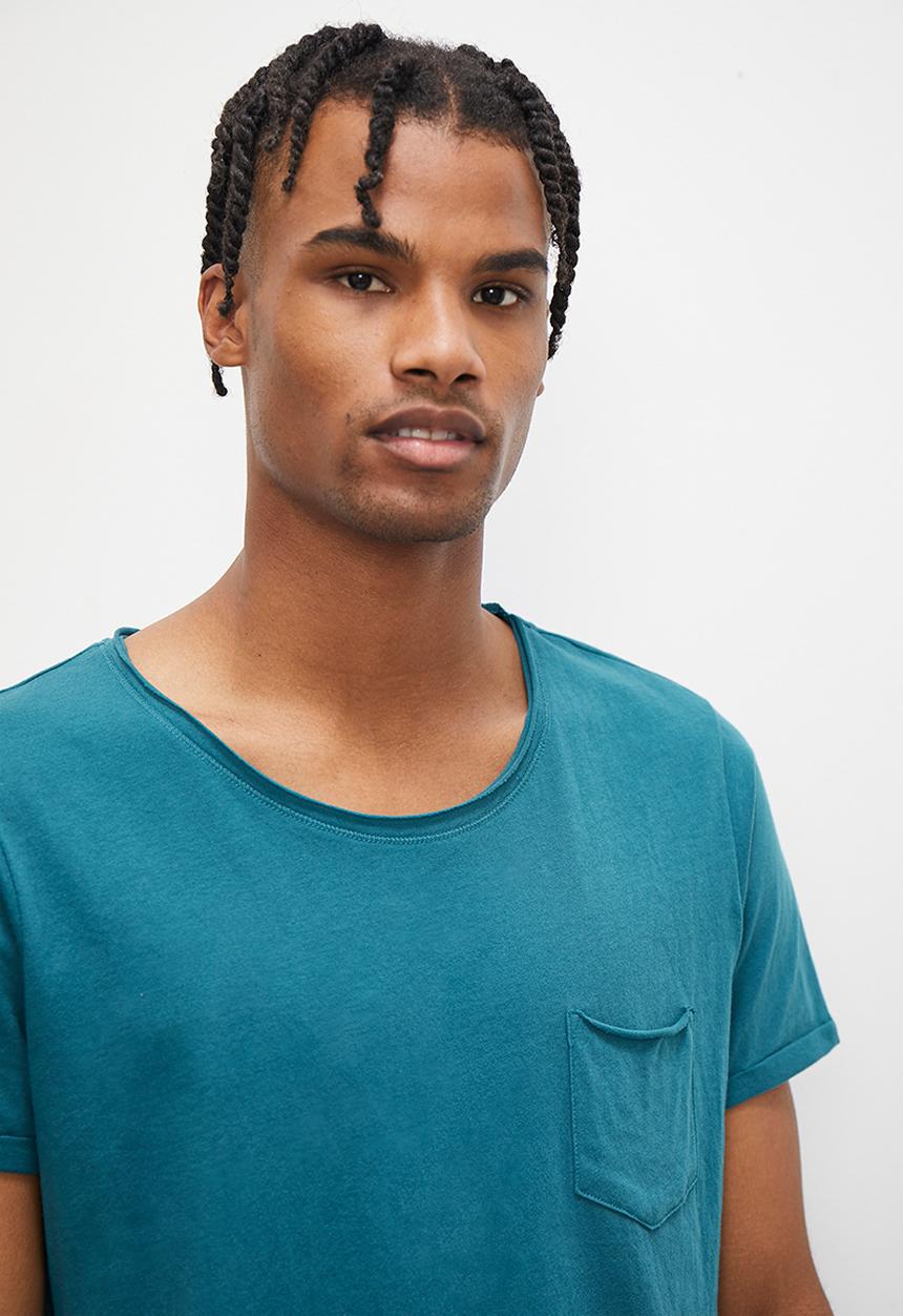 STYLE REPUBLIC - Slash raw edge curved hem pocket tee - teal