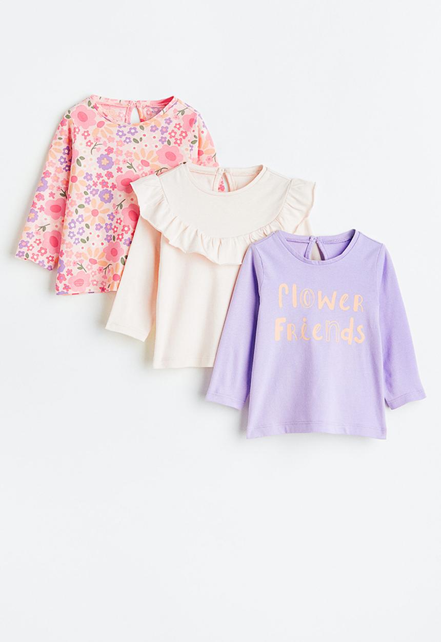 H&M - 3-pack cotton jersey tops - pink / floral 