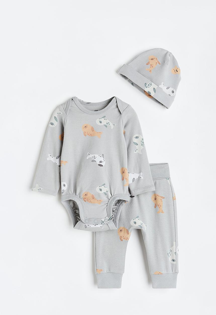 H&M - 3-Piece cotton set - light grey-blue/seals