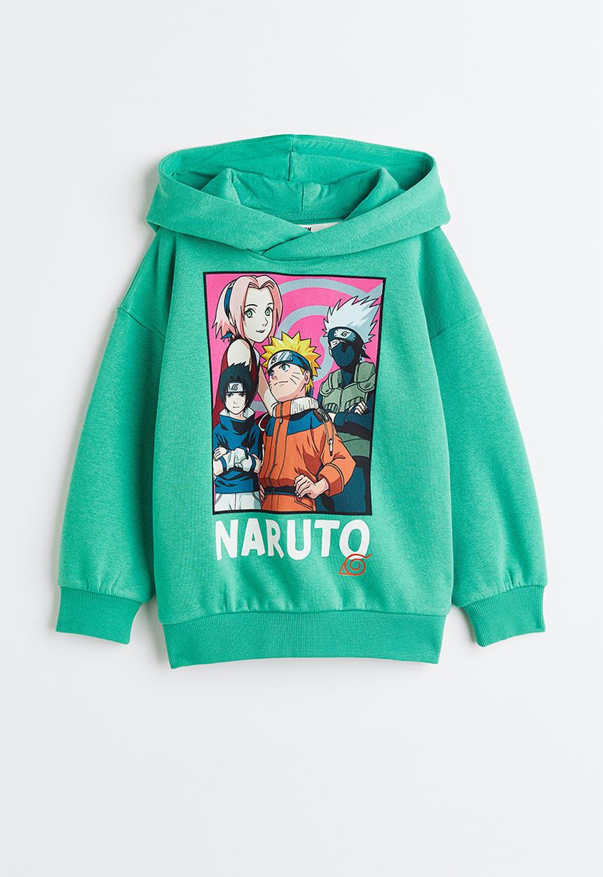 H&M - Oversized print-motif hoodie - green/naruto