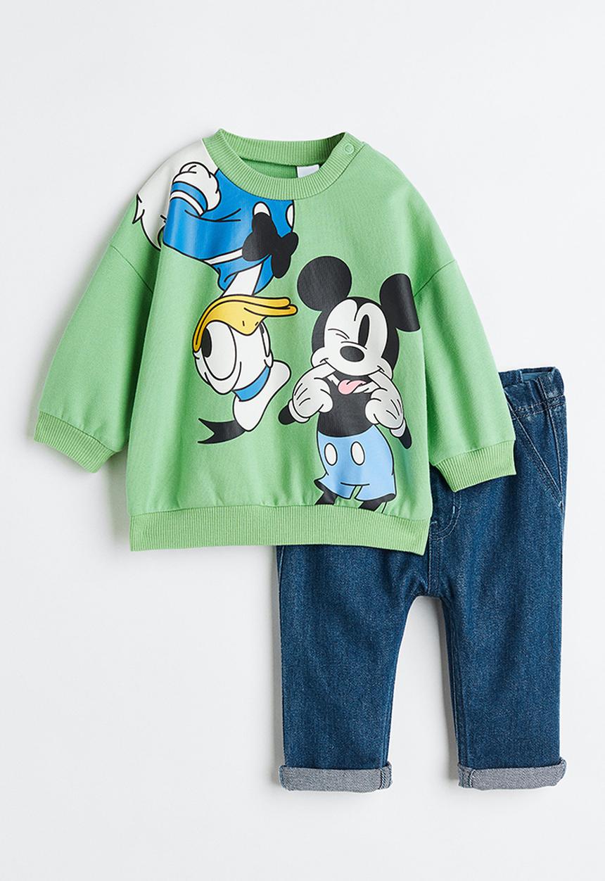 H&M - 2-piece sweatshirt and joggers set - green/mickey mouse 