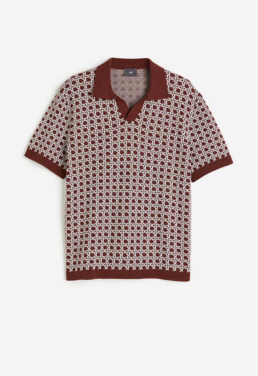 H&M - Regular fit fine-knit polo shirt - brown/patterned