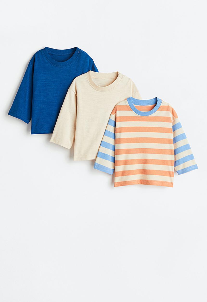 H&M - 3-pack long-sleeved jersey tops - light beige / striped / blue 