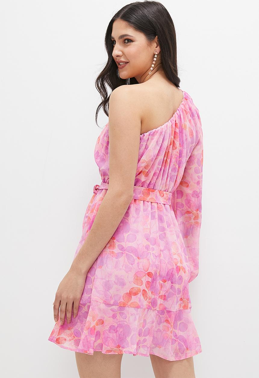 MILLA - Asymmetric soft waisted mini dress - pink floral