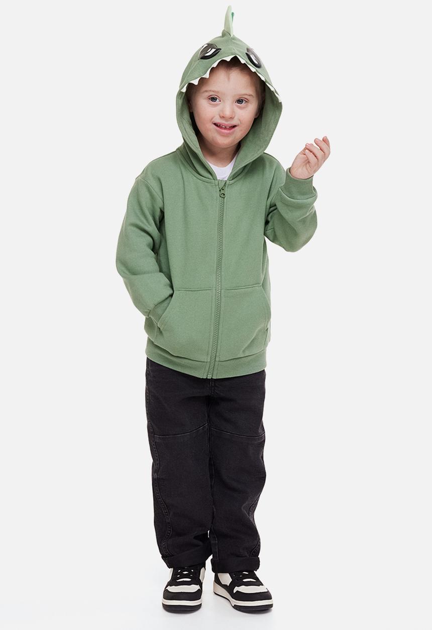 H&M - Appliquéd zip-through hoodie - light khaki green/dinosaur 