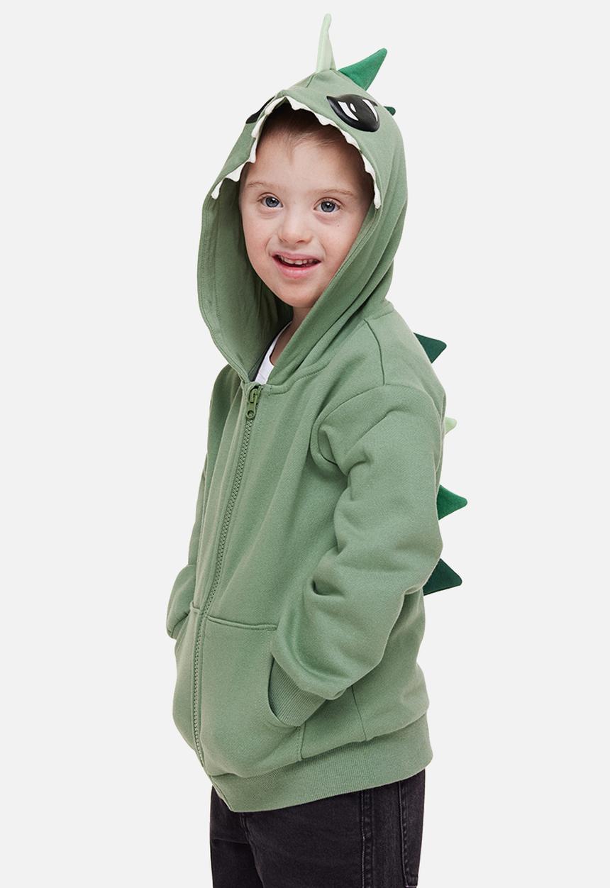 H&M - Appliquéd zip-through hoodie - light khaki green/dinosaur 