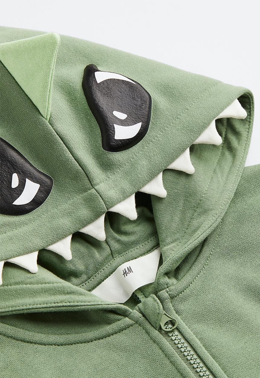 H&M - Appliquéd zip-through hoodie - light khaki green/dinosaur 