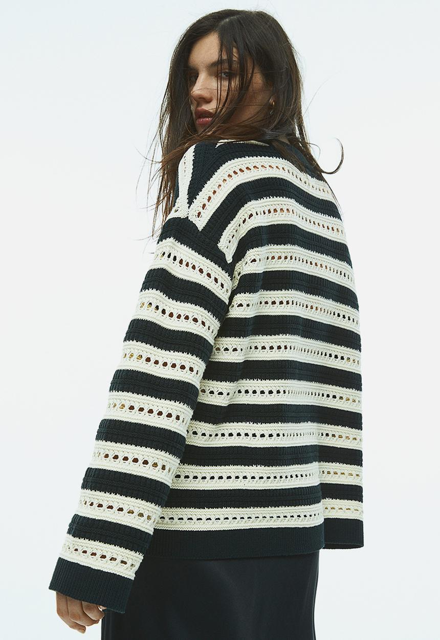 H&M - Oversized pointelle-knit jumper - black / striped
