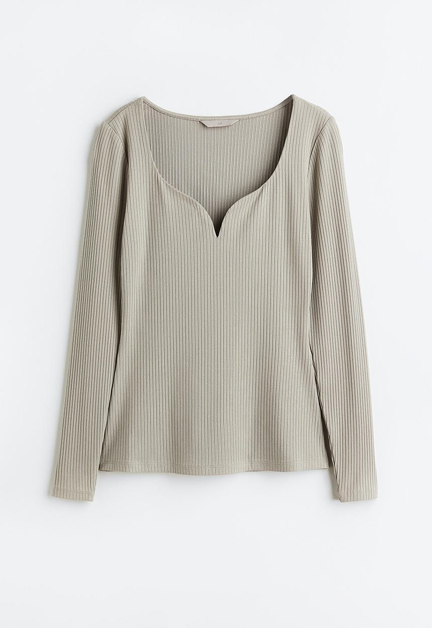 H&M - Long-sleeved ribbed top - light greige