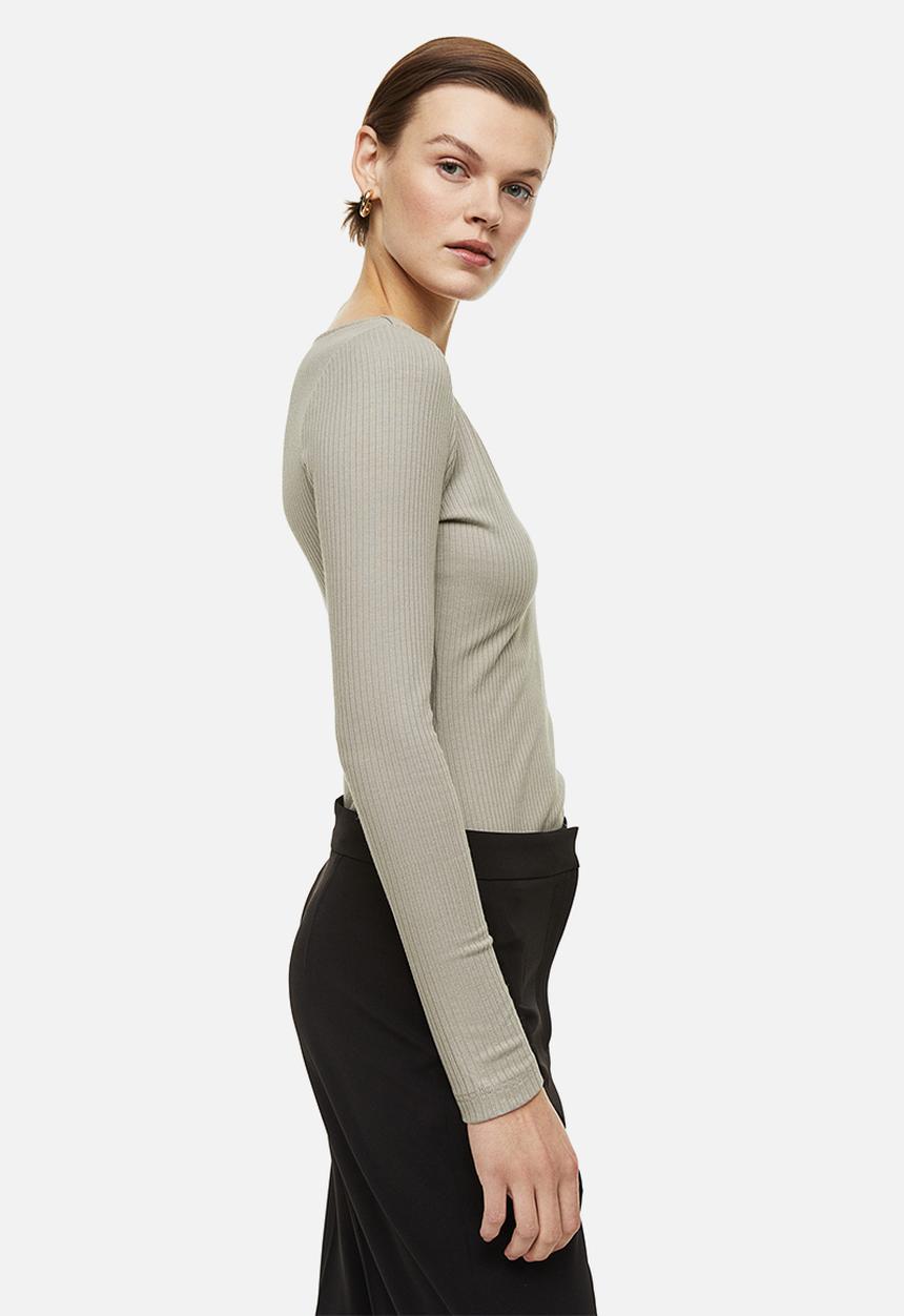 H&M - Long-sleeved ribbed top - light greige