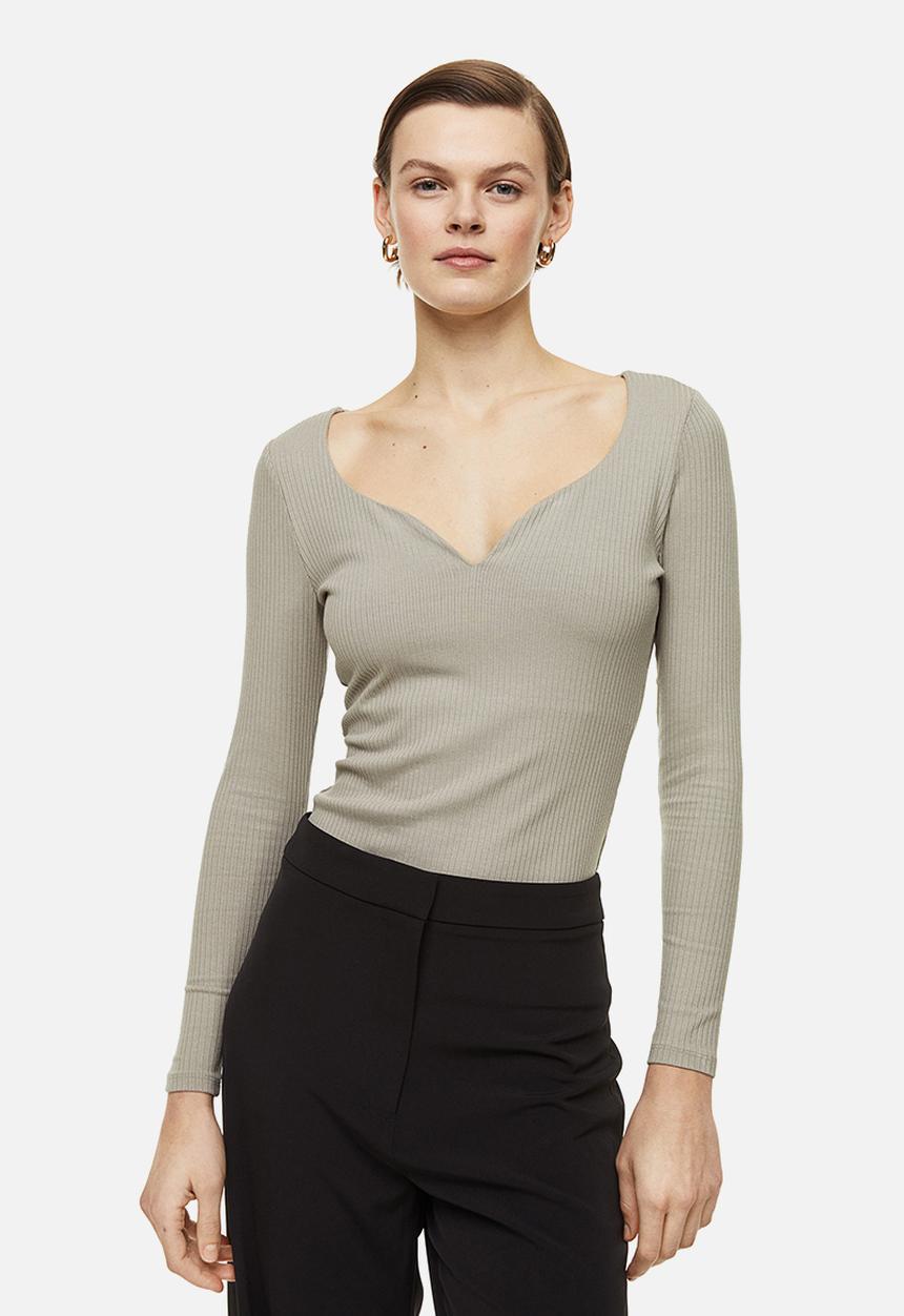 H&M - Long-sleeved ribbed top - light greige