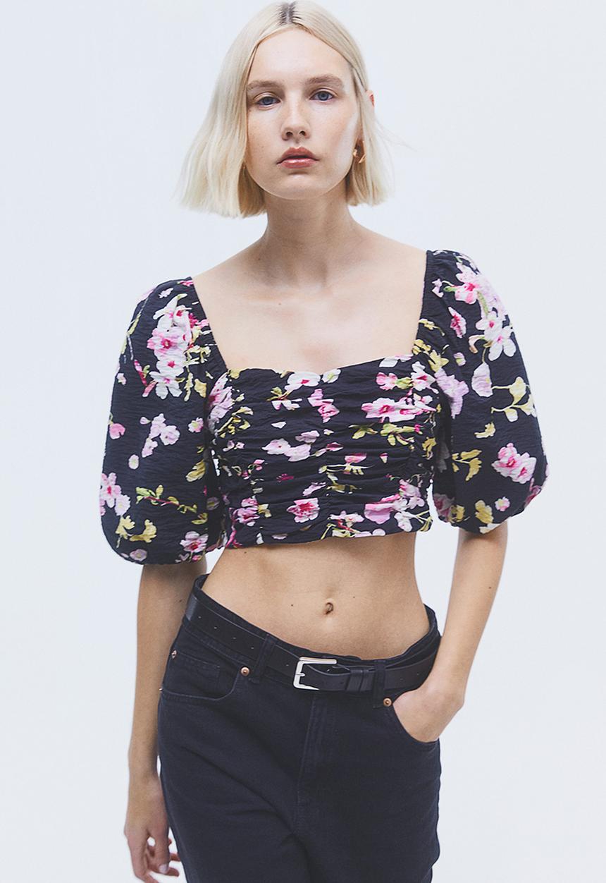 H&M - Puff-sleeved crop top - black,multi