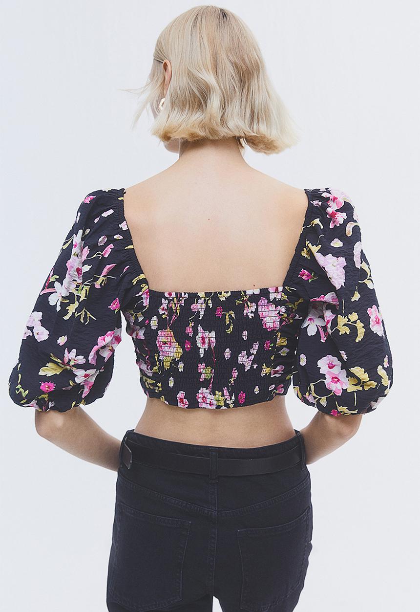 H&M - Puff-sleeved crop top - black,multi