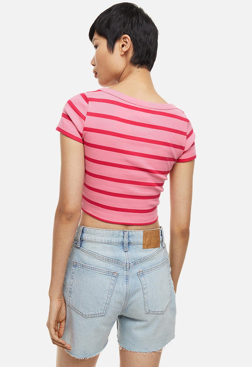 H&M - Ribbed cotton top - pink / striped 