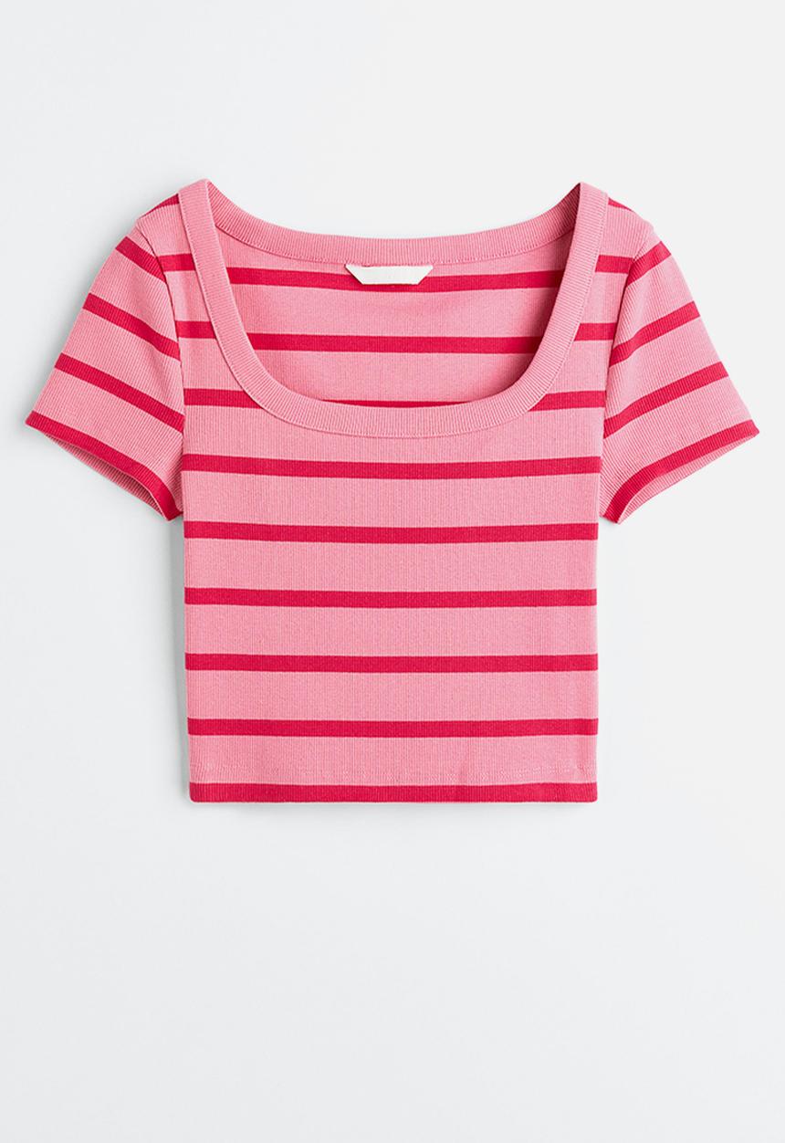 H&M - Ribbed cotton top - pink / striped 