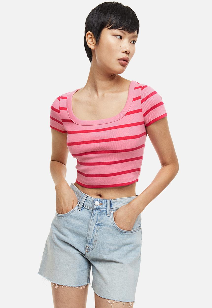 H&M - Ribbed cotton top - pink / striped 