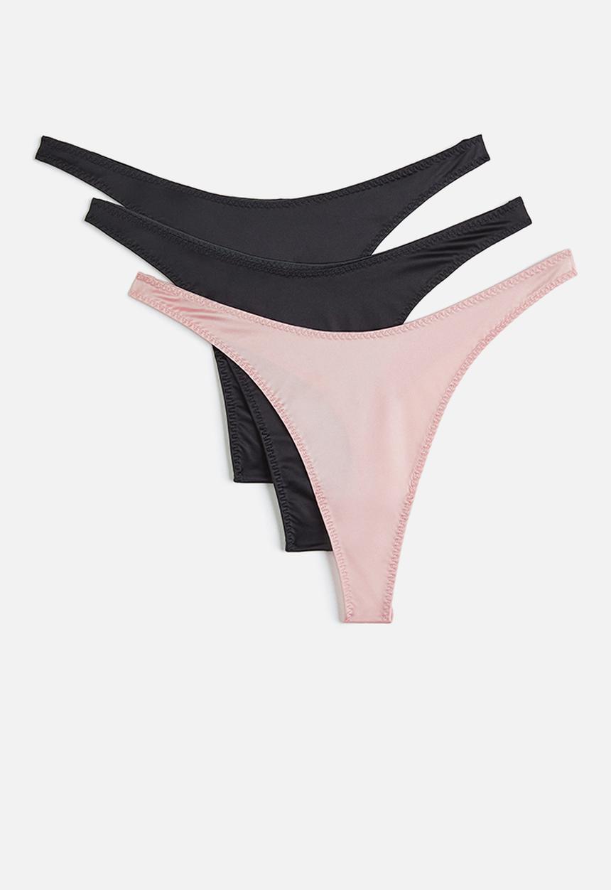 H&M - 3-pack stretch satin thong briefs - dark grey & pink