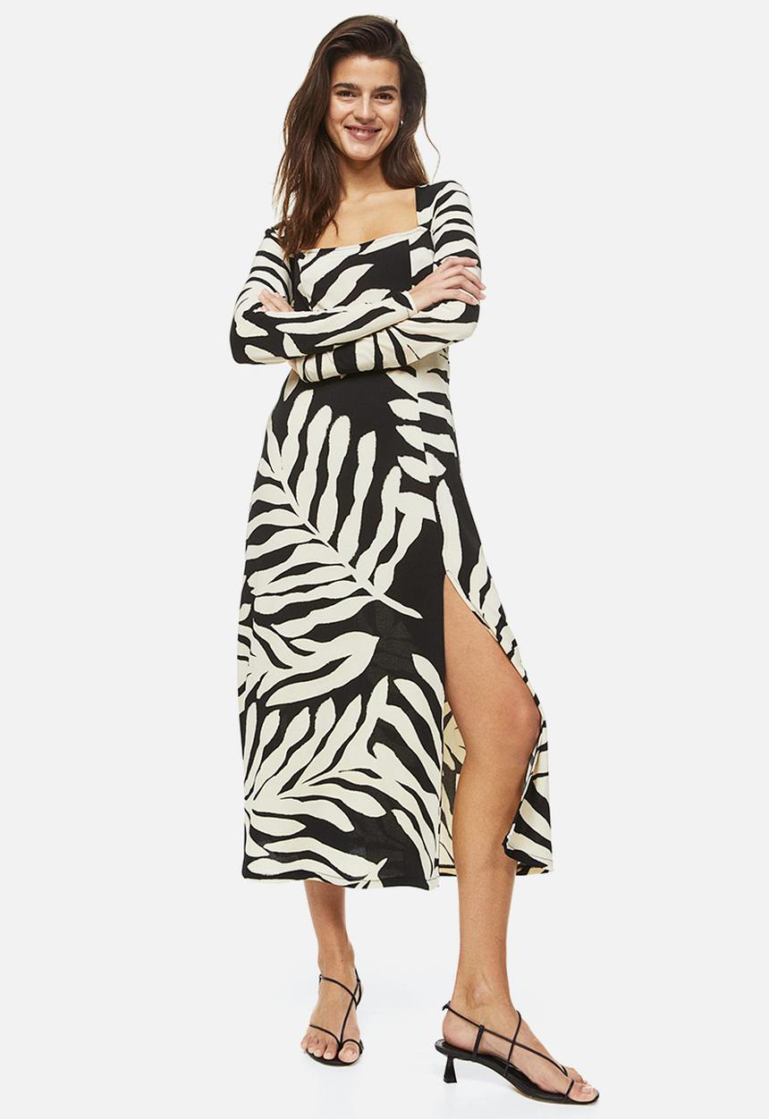 H&M - Square-neck jersey dress - black/patterned 