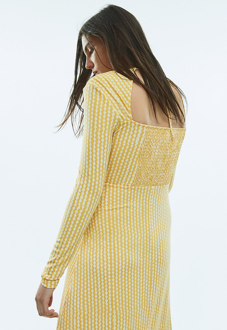 H&M - Square-neck jersey dress - yellow/patterned