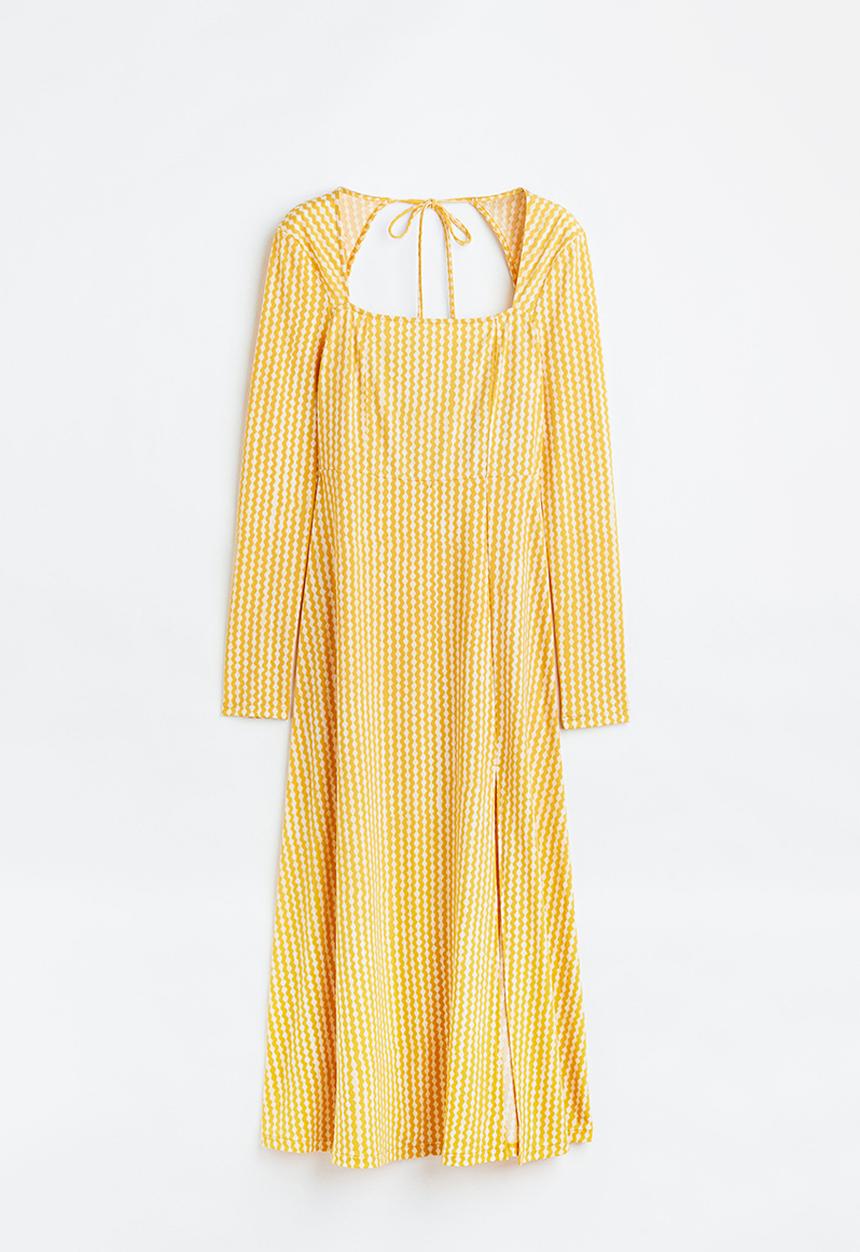 H&M - Square-neck jersey dress - yellow/patterned