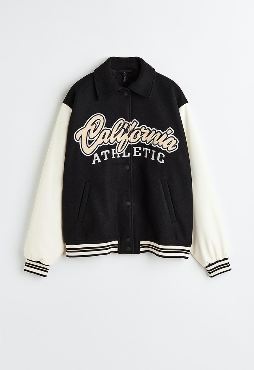 H&M - Appliquéd baseball jacket - black & beige 