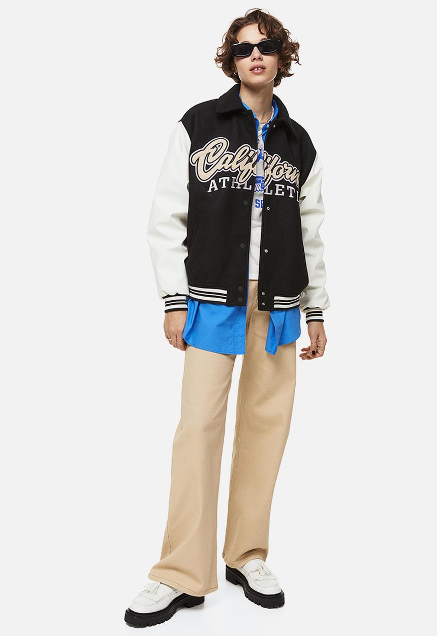 H&M - Appliquéd baseball jacket - black & beige 