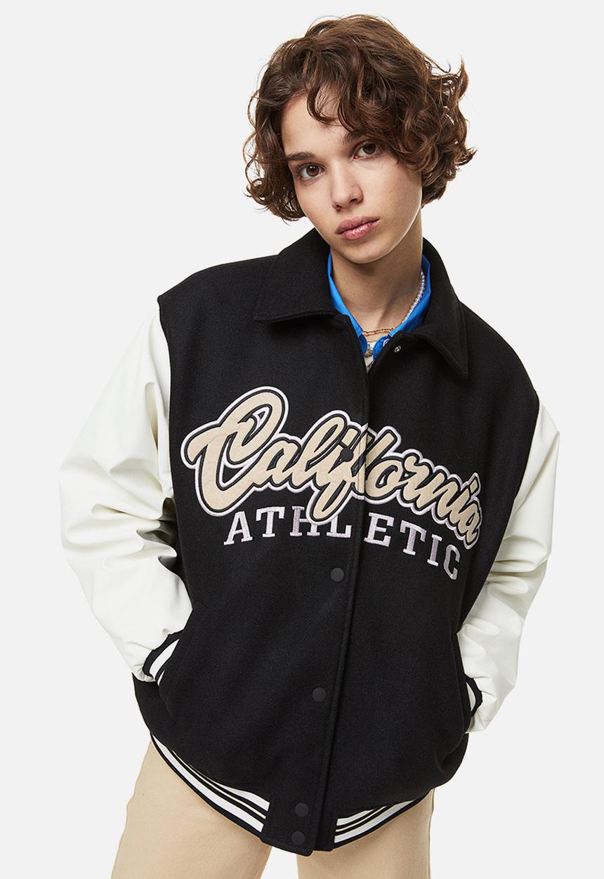 H&M - Appliquéd baseball jacket - black & beige 