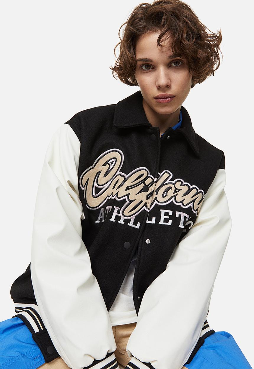 H&M - Appliquéd baseball jacket - black & beige 