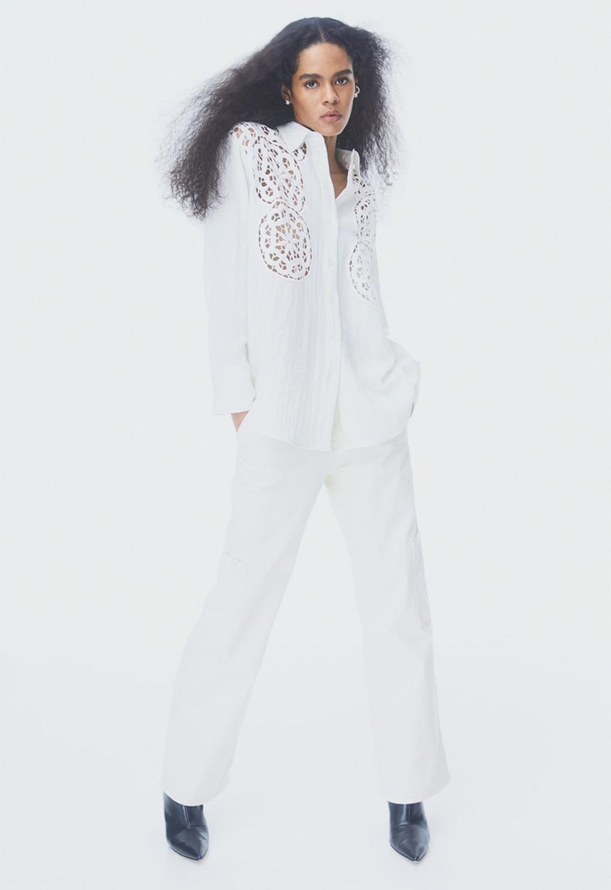 H&M - Wide cargo trousers - cream 