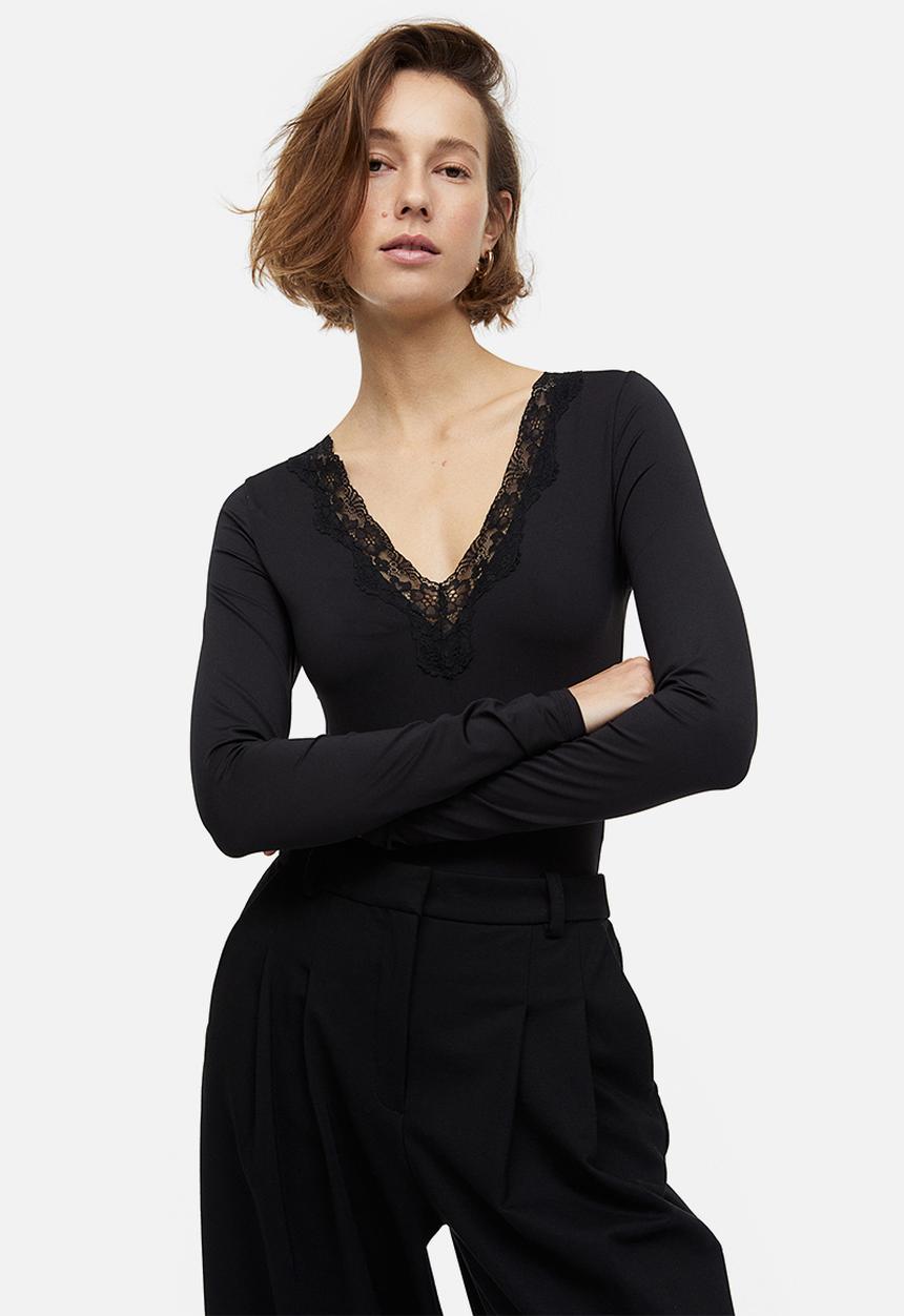 H&M - Lace-trimmed body - black