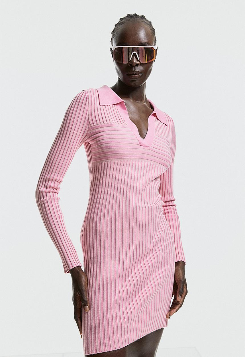 H&M - Collared rib-knit dress - pink