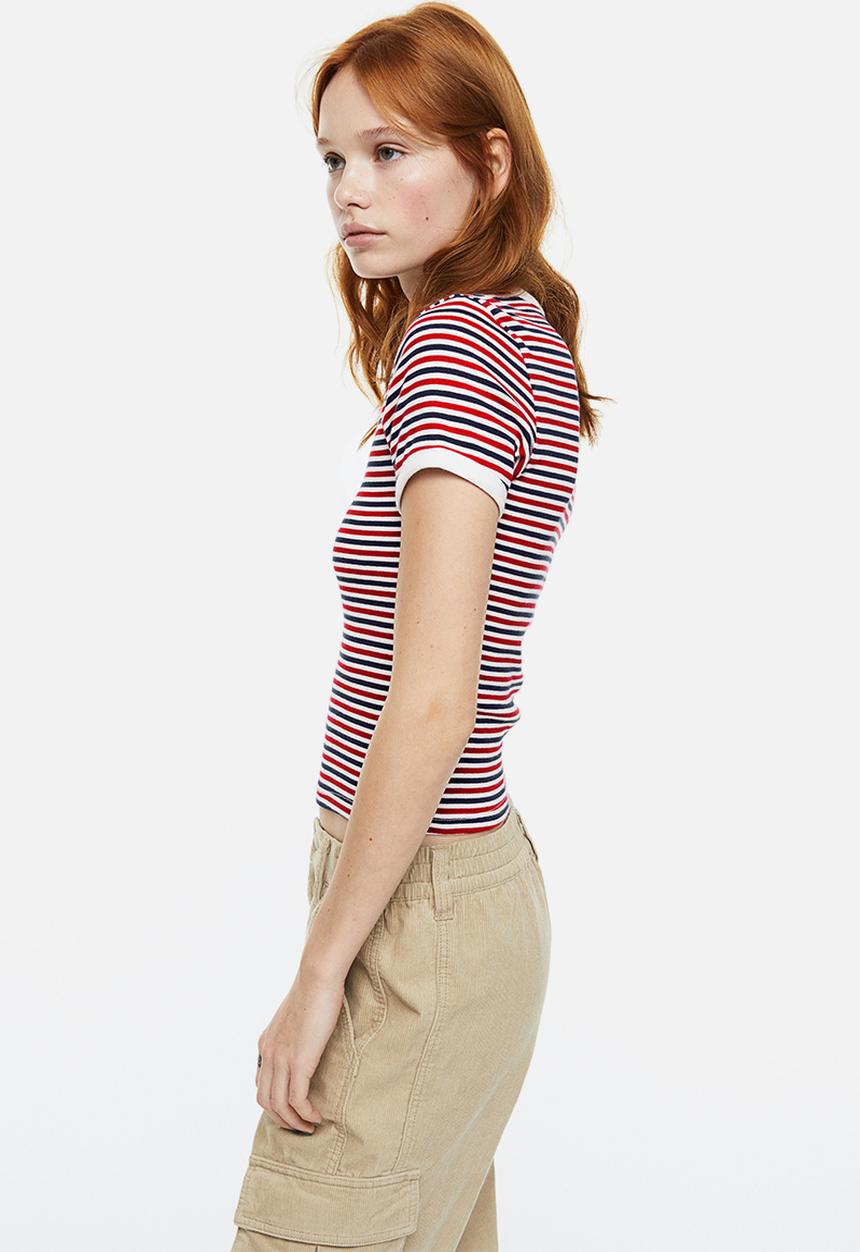 H&M - Fitted cotton top - white/striped