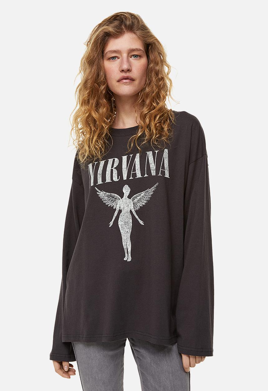 H&M - Oversized print-motif top - dark grey/nirvana 