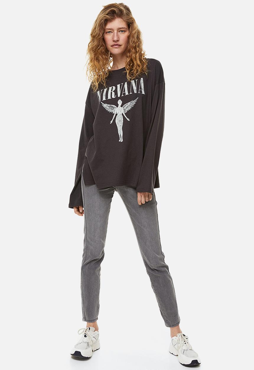 H&M - Oversized print-motif top - dark grey/nirvana 