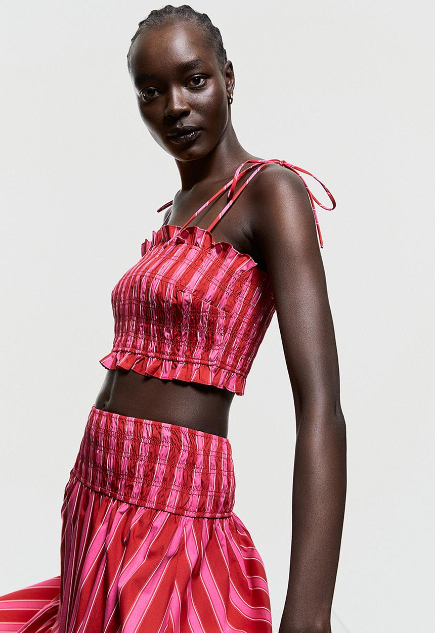 H&M - Smocked crop top - cerise / striped 