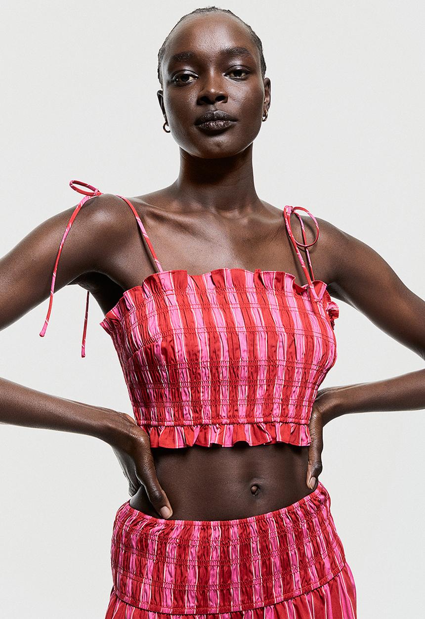 H&M - Smocked crop top - cerise / striped 