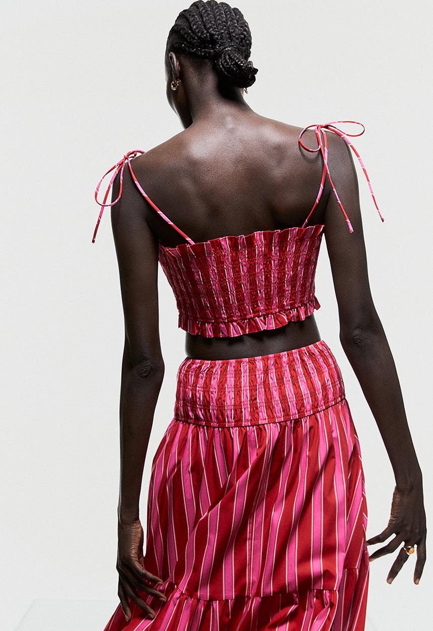 H&M - Smocked crop top - cerise / striped 
